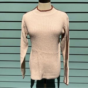 Contrast Piping Beige Ribbed Knit Pullover Sweater